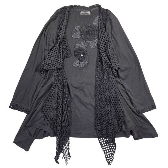 Pretty Angel Black Lace Crochet Mesh Tunic Top Cardigan Overlay Women L Boho - Picture 1 of 9